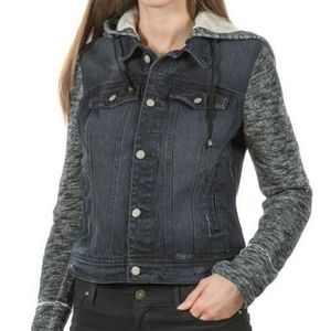 Free People black denim jacket with knit sleeves